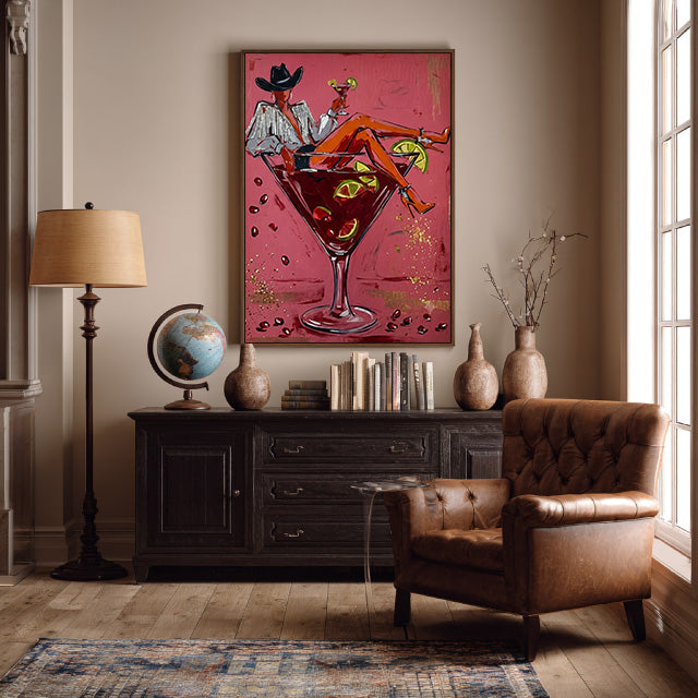 pop Western cowgirl cocktail wall art in pink red and orange in a coordinated modern interior