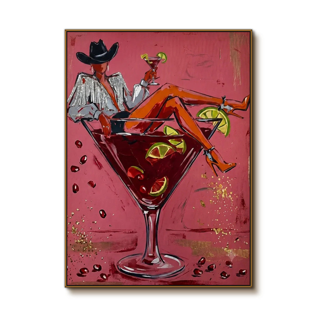pop Western cowgirl cocktail wall art in pink red and orange on a clean white background