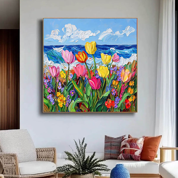 Coastal Tulip Field Wall Art - Vibrant Flowers and Ocean View Canvas - Life Is - Hues Art Lab