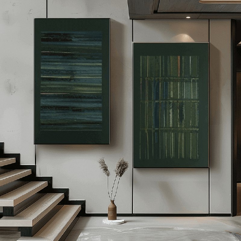 Light and Shadow - Green Textured Abstract Wall Art Set of 2 - Hues Art Lab