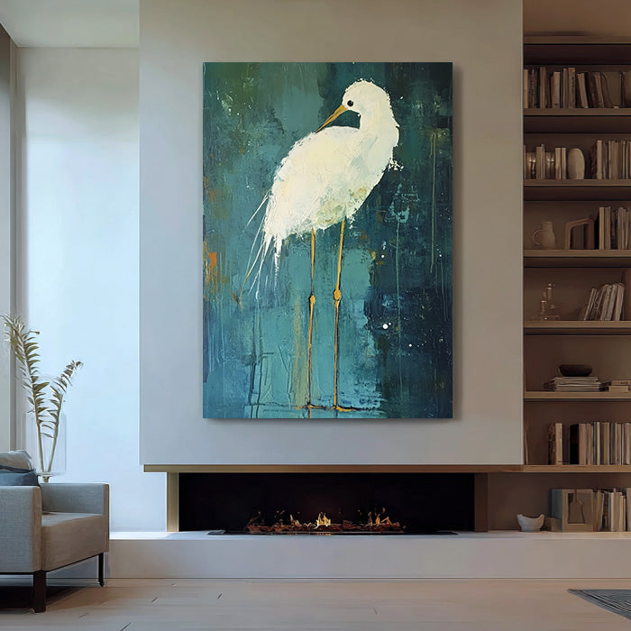 Light of the Marsh large white heron abstract landscape oil painting by Hues Art Lab