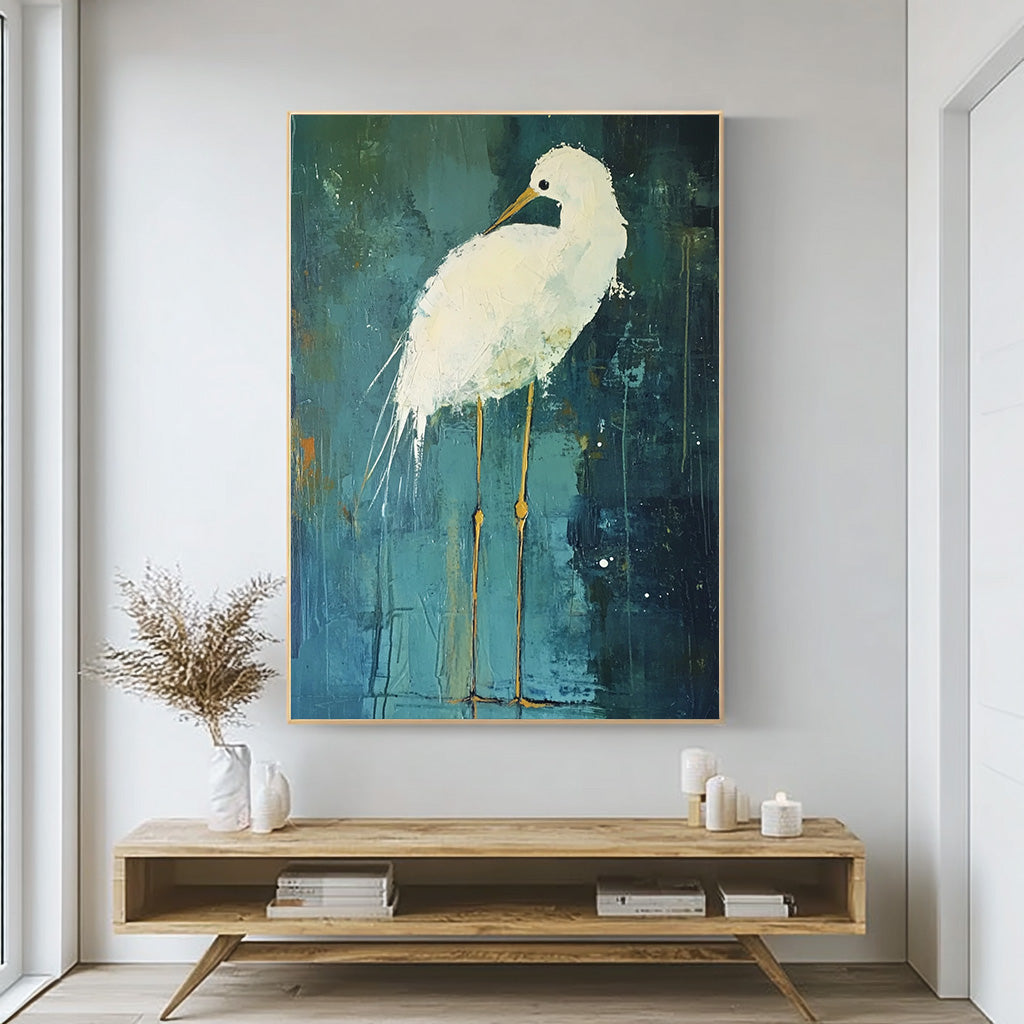 Light of the Marsh framed heron canvas print styled in a calm room