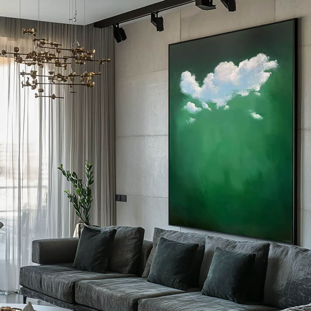 Tranquil Sky Artwork - Abstract Clouds on Green Canvas by HuesArtLab - Like Clouds - Hues Art Lab