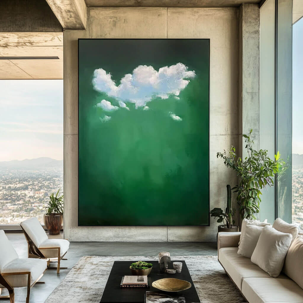 Tranquil Sky Artwork - Abstract Clouds on Green Canvas by HuesArtLab - Like Clouds - Hues Art Lab