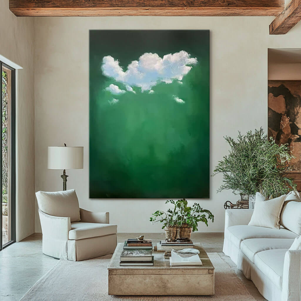 Tranquil Sky Artwork - Abstract Clouds on Green Canvas by HuesArtLab - Like Clouds - Hues Art Lab