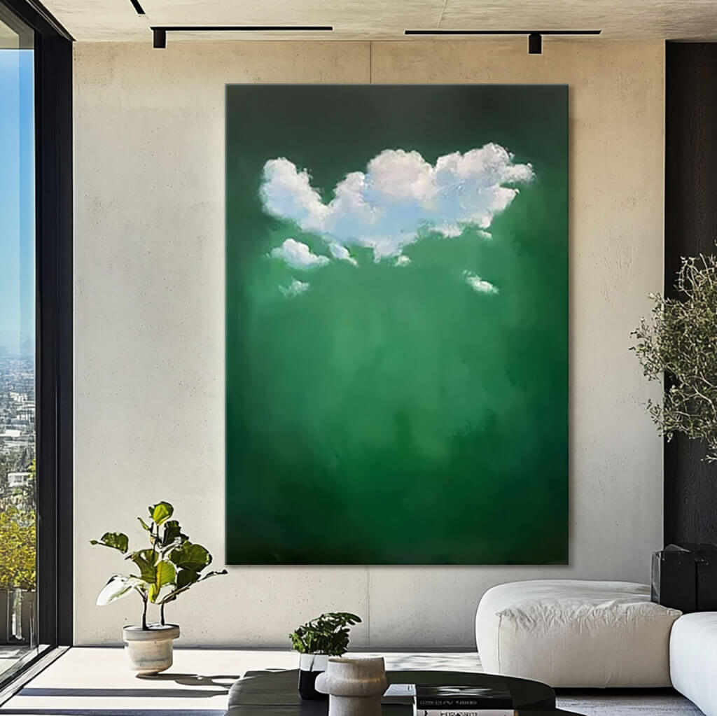 Tranquil Sky Artwork - Abstract Clouds on Green Canvas by HuesArtLab - Like Clouds - Hues Art Lab