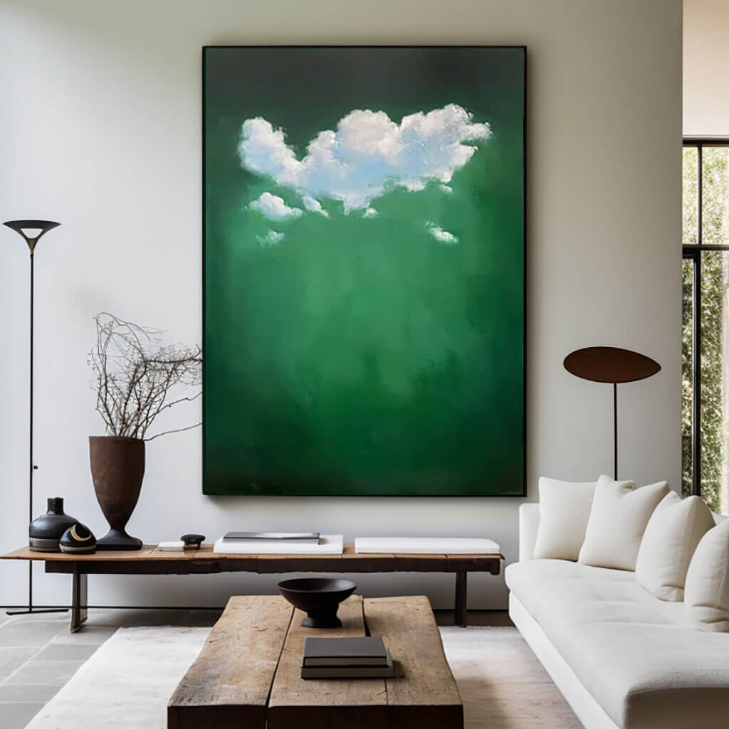 Tranquil Sky Artwork - Abstract Clouds on Green Canvas by HuesArtLab - Like Clouds - Hues Art Lab