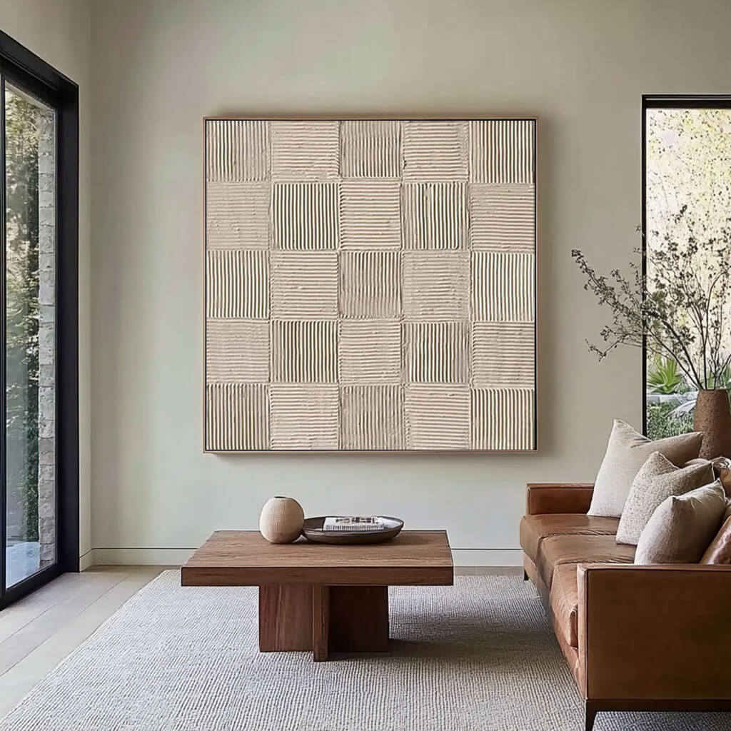 Geometric Textured Wabi Sabi Painting on Canvas Wall Art in Neutral Beige Tones  - Linear Line - Hues Art Lab