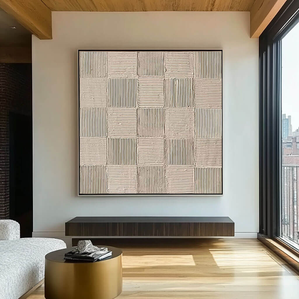 Geometric Textured Wabi Sabi Painting on Canvas Wall Art in Neutral Beige Tones  - Linear Line - Hues Art Lab