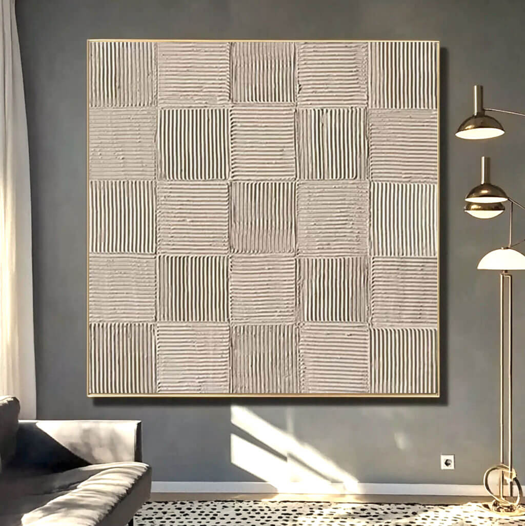 Geometric Textured Wabi Sabi Painting on Canvas Wall Art in Neutral Beige Tones  - Linear Line - Hues Art Lab