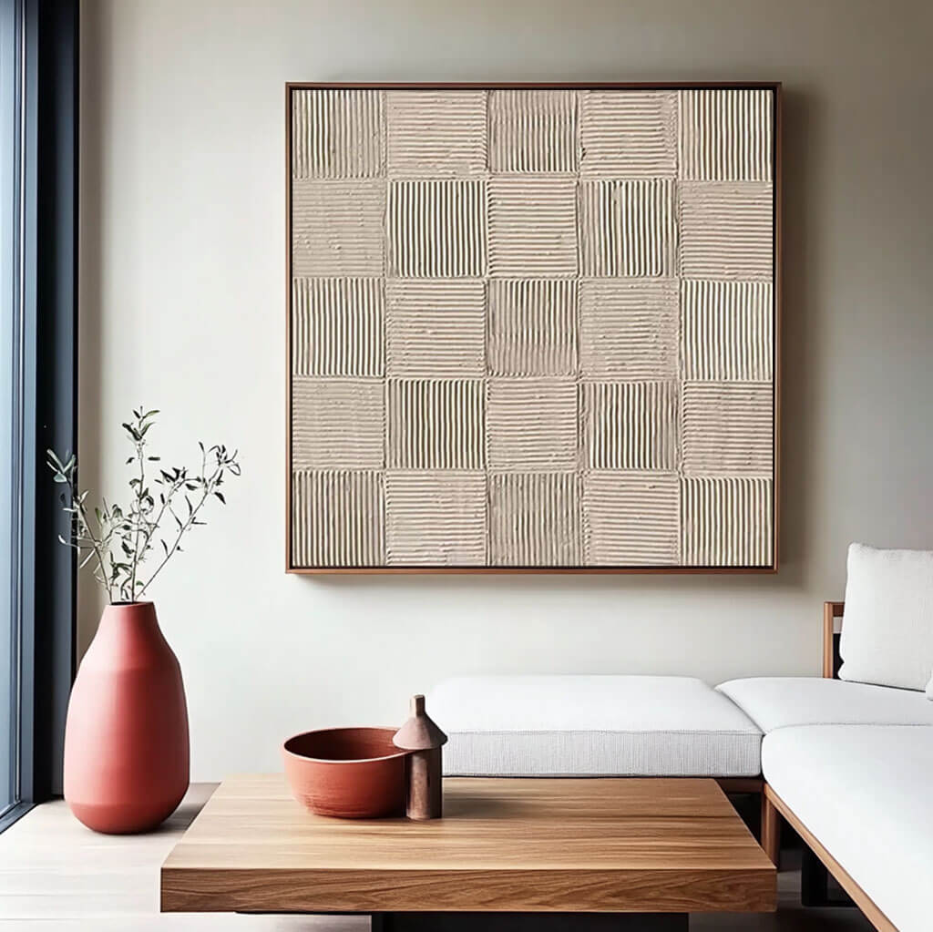 Geometric Textured Wabi Sabi Painting on Canvas Wall Art in Neutral Beige Tones  - Linear Line - Hues Art Lab