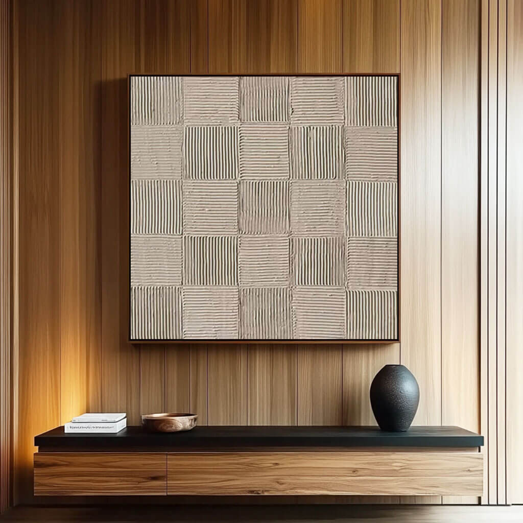 Geometric Textured Wabi Sabi Painting on Canvas Wall Art in Neutral Beige Tones  - Linear Line - Hues Art Lab