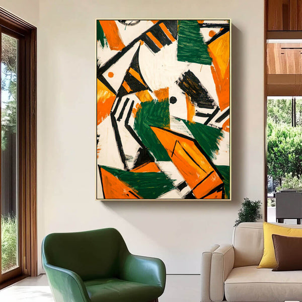 Bold Abstract Geometric Wall Art - Modern Green & Orange Canvas Decor - Little Story - Hues Art Lab