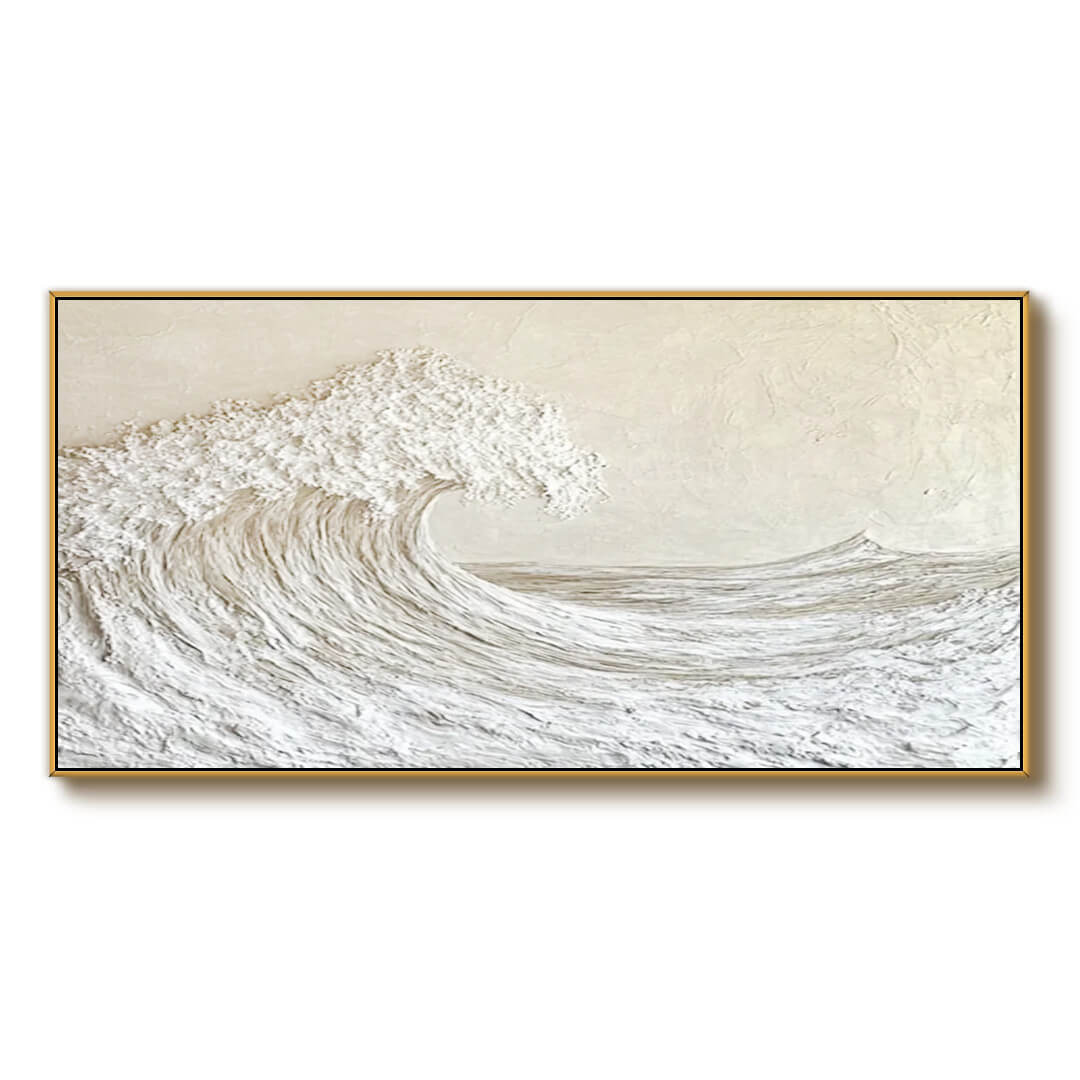 Large Abstract Seascape Off-White Ocean Wave Texture Painting - Panoramic Wall Art for Bedroom and Living Room - Majestic Waves I - Hues Art Lab