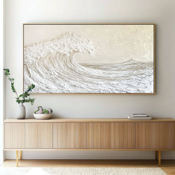 Large Abstract Seascape Off-White Ocean Wave Texture Painting - Panoramic Wall Art for Bedroom and Living Room - Majestic Waves I - Hues Art Lab