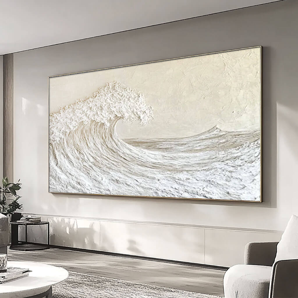 Large Abstract Seascape Off-White Ocean Wave Texture Painting - Panoramic Wall Art for Bedroom and Living Room - Majestic Waves I - Hues Art Lab