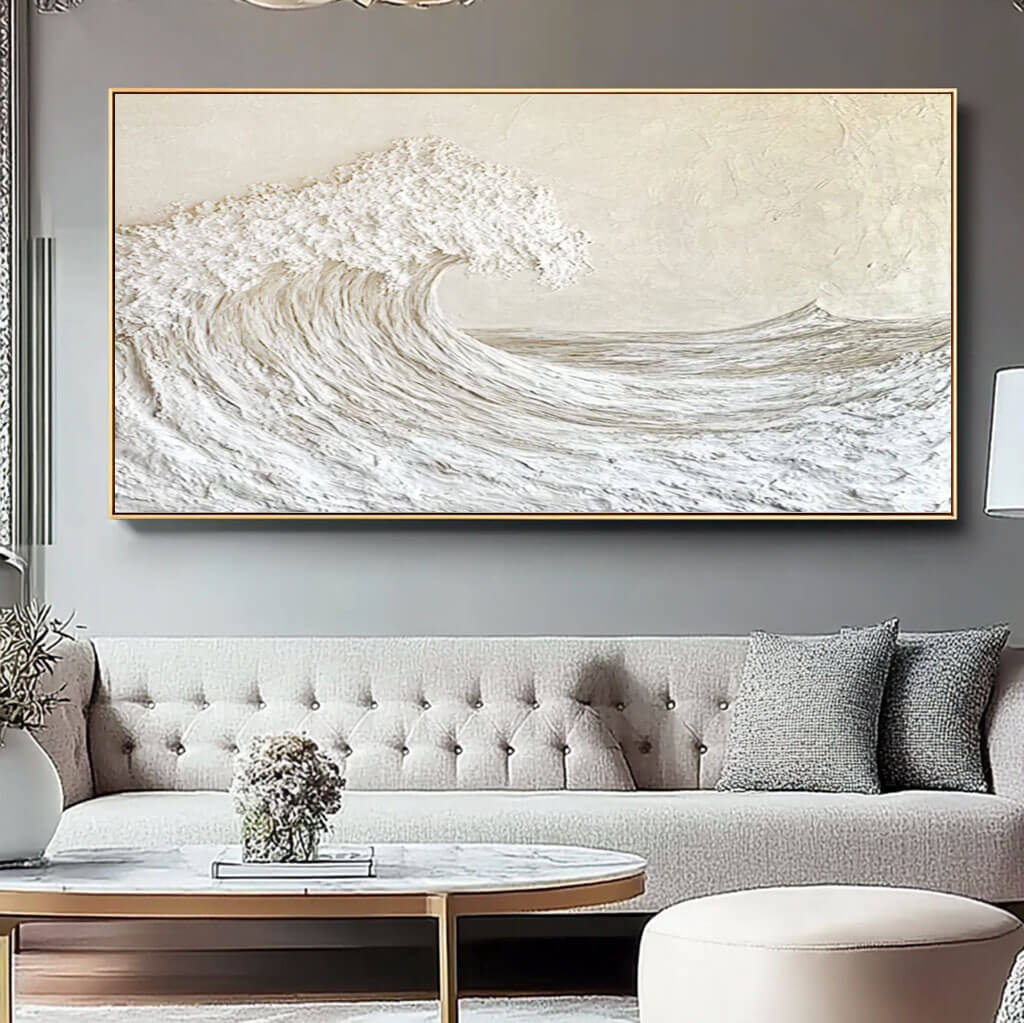 Large Abstract Seascape Off-White Ocean Wave Texture Painting - Panoramic Wall Art for Bedroom and Living Room - Majestic Waves I - Hues Art Lab