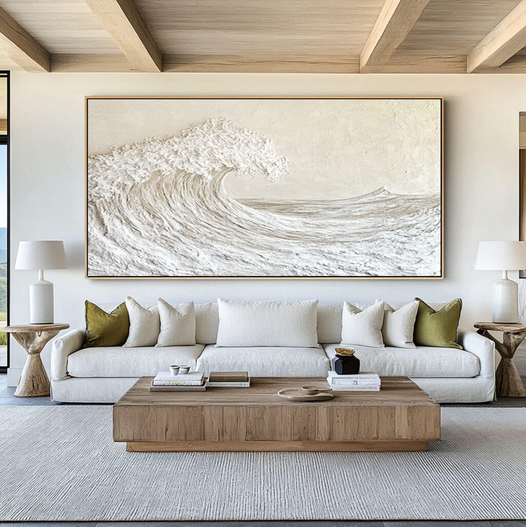 Large Abstract Seascape Off-White Ocean Wave Texture Painting - Panoramic Wall Art for Bedroom and Living Room - Majestic Waves I - Hues Art Lab