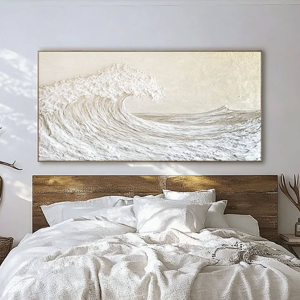 Large Abstract Seascape Off-White Ocean Wave Texture Painting - Panoramic Wall Art for Bedroom and Living Room - Majestic Waves I - Hues Art Lab