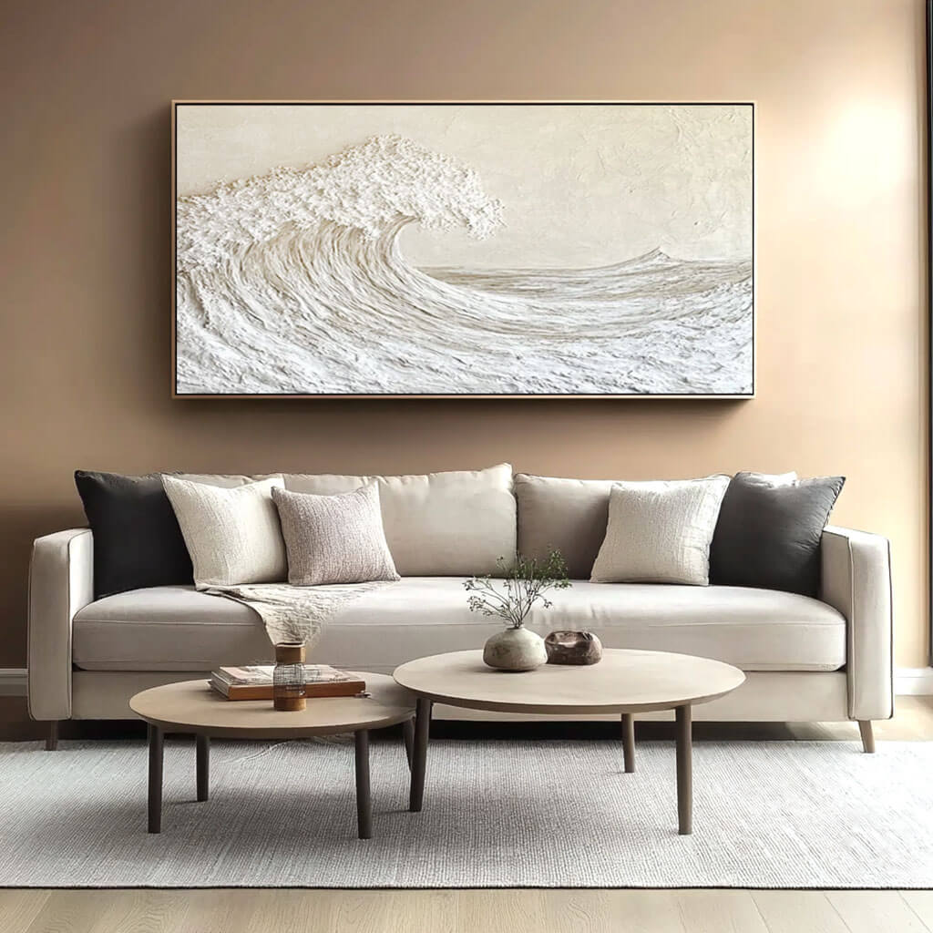 Large Abstract Seascape Off-White Ocean Wave Texture Painting - Panoramic Wall Art for Bedroom and Living Room - Majestic Waves I - Hues Art Lab