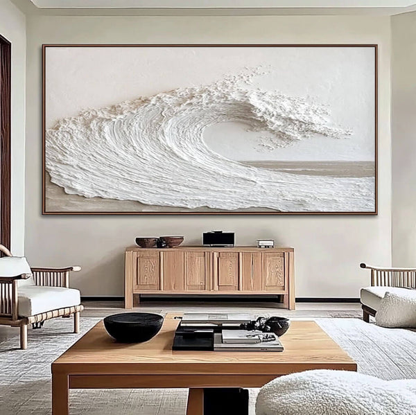 Off-White Panoramic Ocean Wave Plaster Texture Painting - Large Seascape Wall Art for Living Room and Bedroom - Majestic Waves - Hues Art Lab