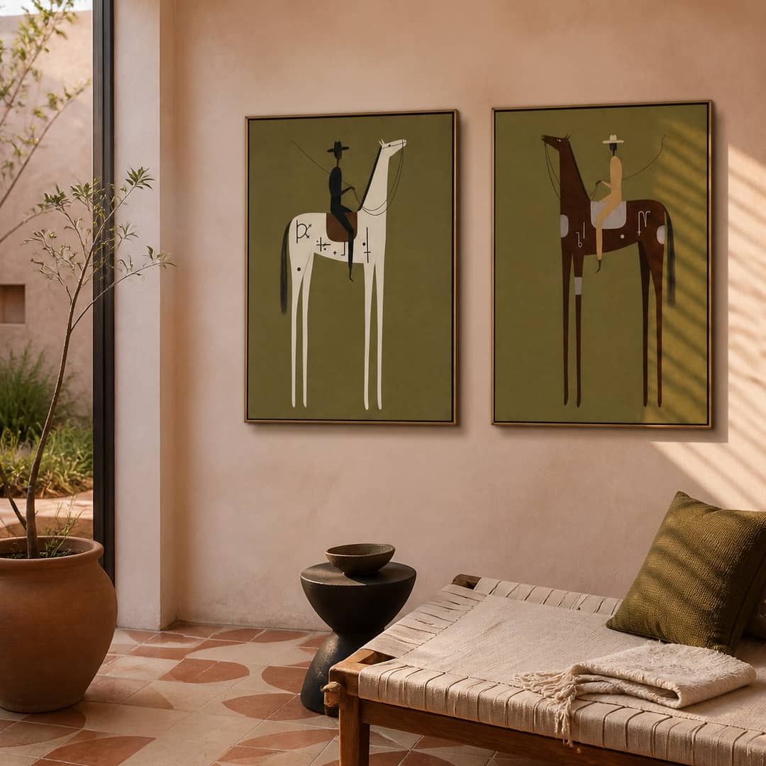 minimalist olive green Western horse rider wall art set of 2 in a coordinated modern interior