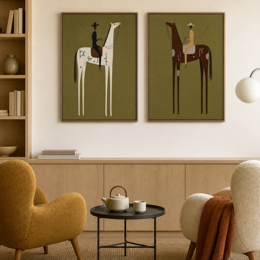 minimalist olive green Western horse rider wall art set of 2 in a coordinated modern interior