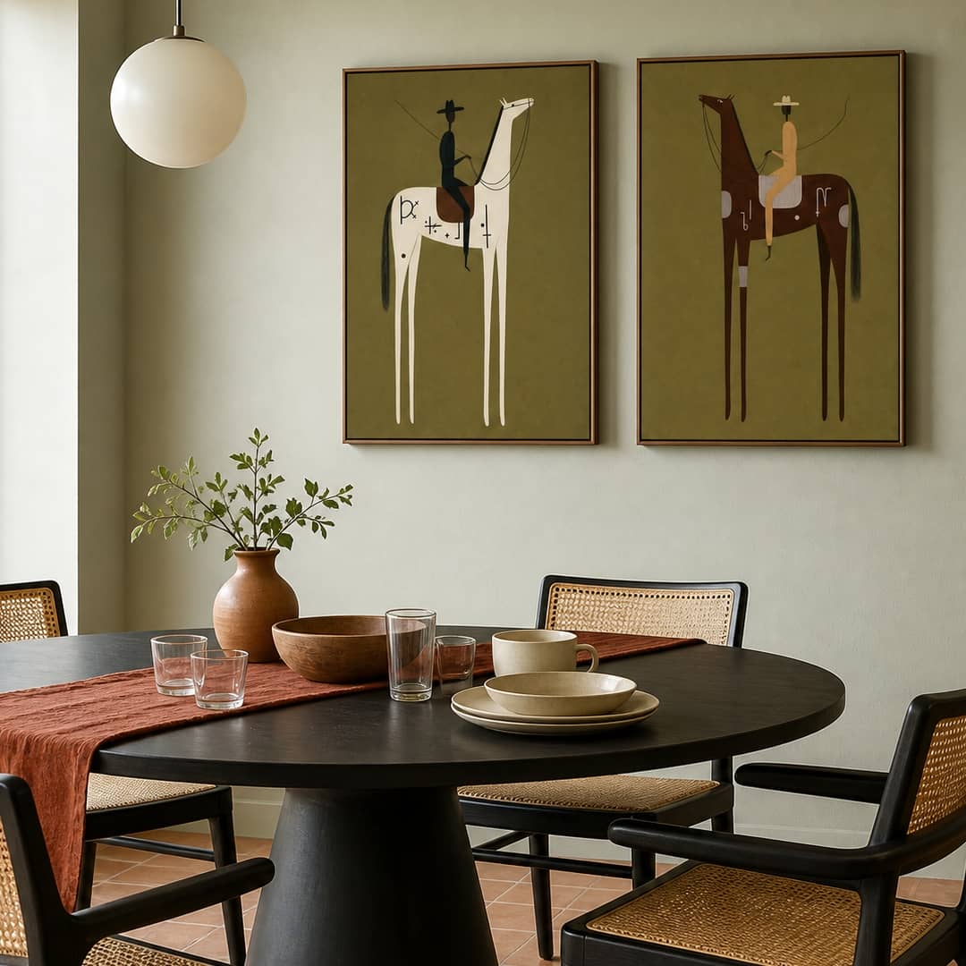 minimalist olive green Western horse rider wall art set of 2 in a coordinated modern interior