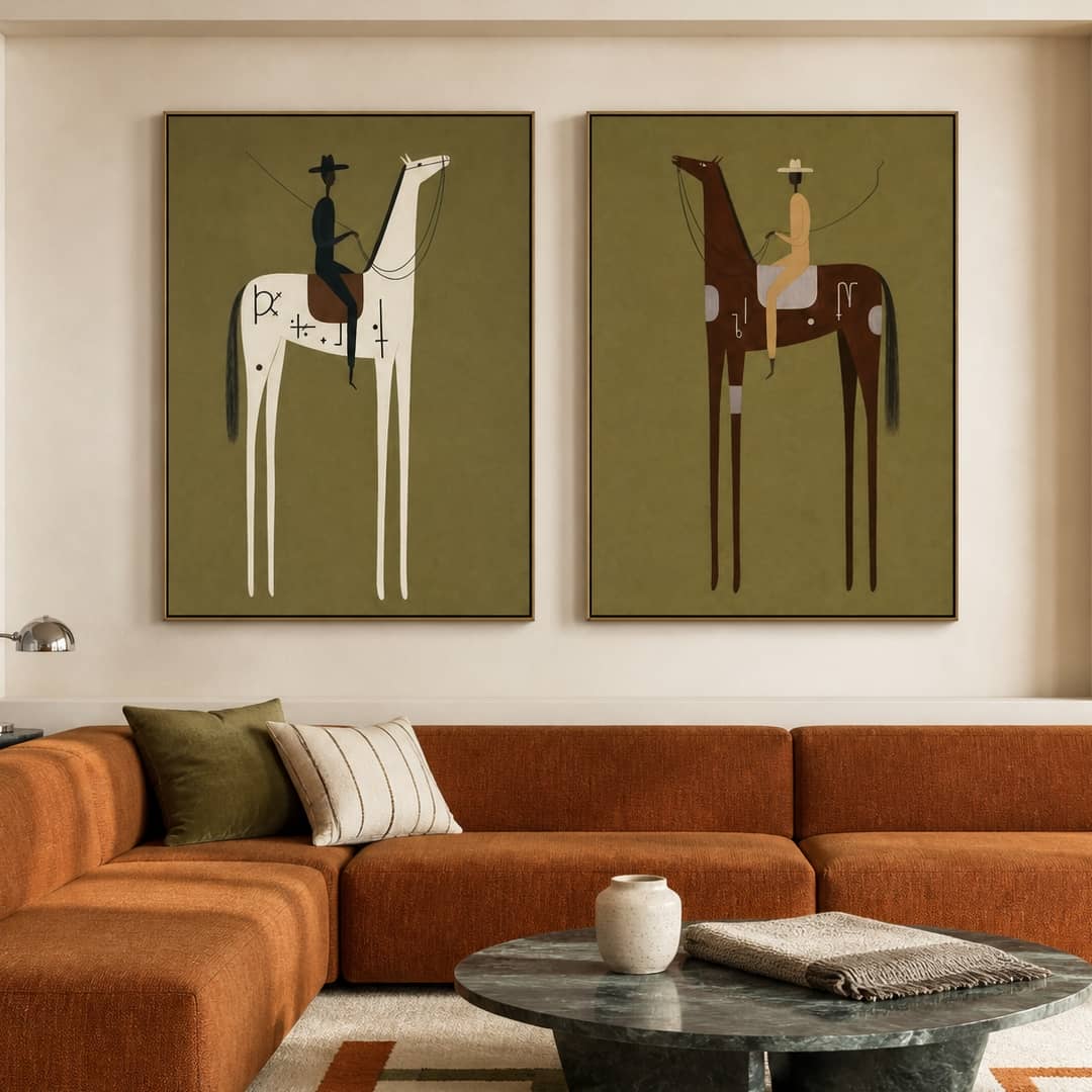 minimalist olive green Western horse rider wall art set of 2 displayed in a styled living room