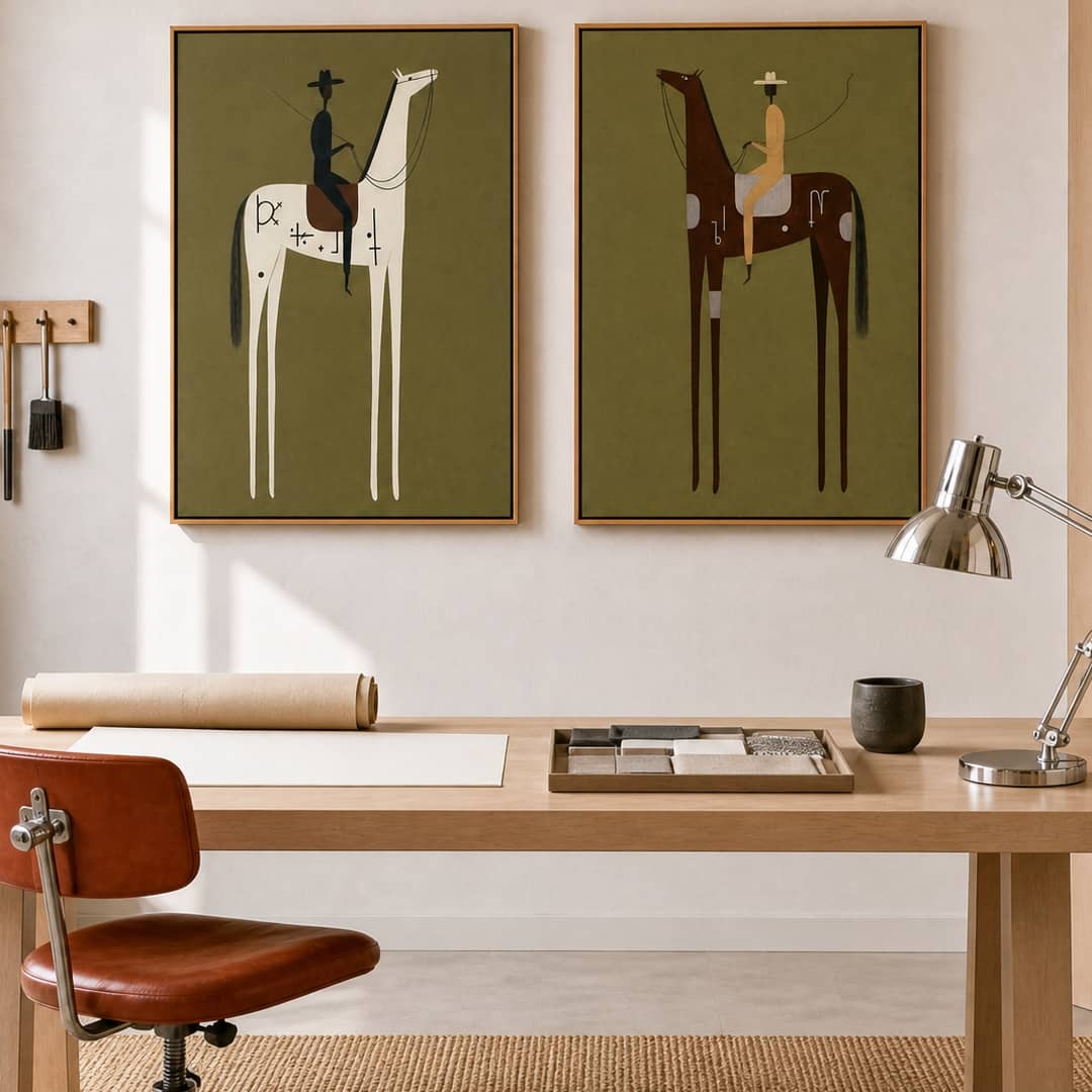 minimalist olive green Western horse rider wall art set of 2 in a coordinated modern interior