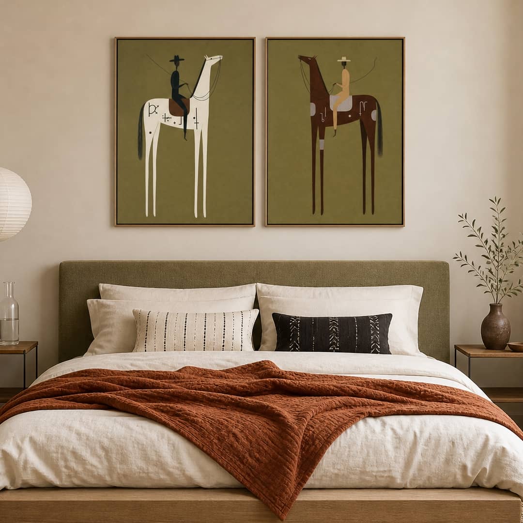 minimalist olive green Western horse rider wall art set of 2 in a coordinated modern interior