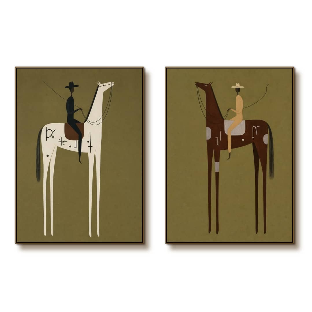 minimalist olive green Western horse rider wall art set of 2 on a clean white background