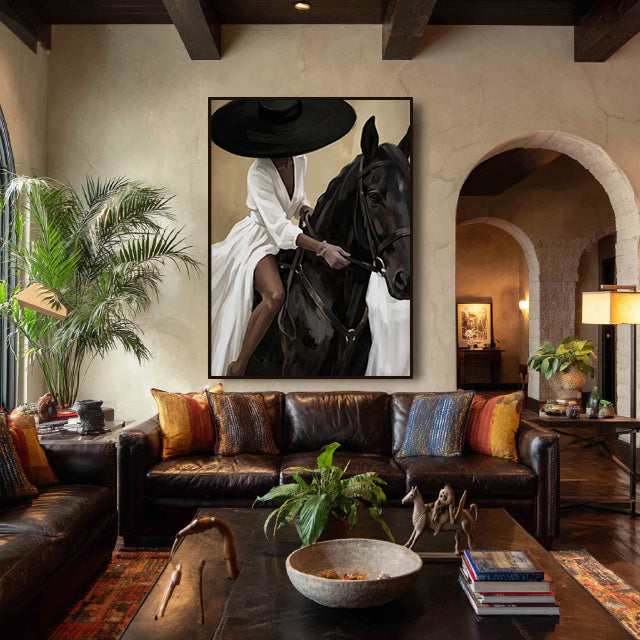 elegant black horse and cowgirl wall art in cream and white in a coordinated modern interior