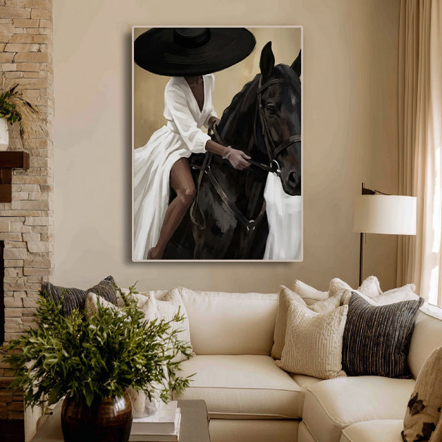 elegant black horse and cowgirl wall art in cream and white in a coordinated modern interior
