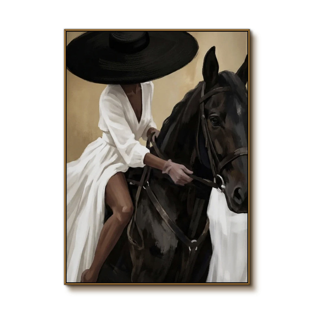 elegant black horse and cowgirl wall art in cream and white on a clean white background