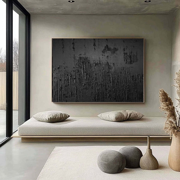Large Black Textured Wall Art - Handmade Minimalist Painting for Modern Living Room or Bedroom Decor - Midnight - Hues Art Lab