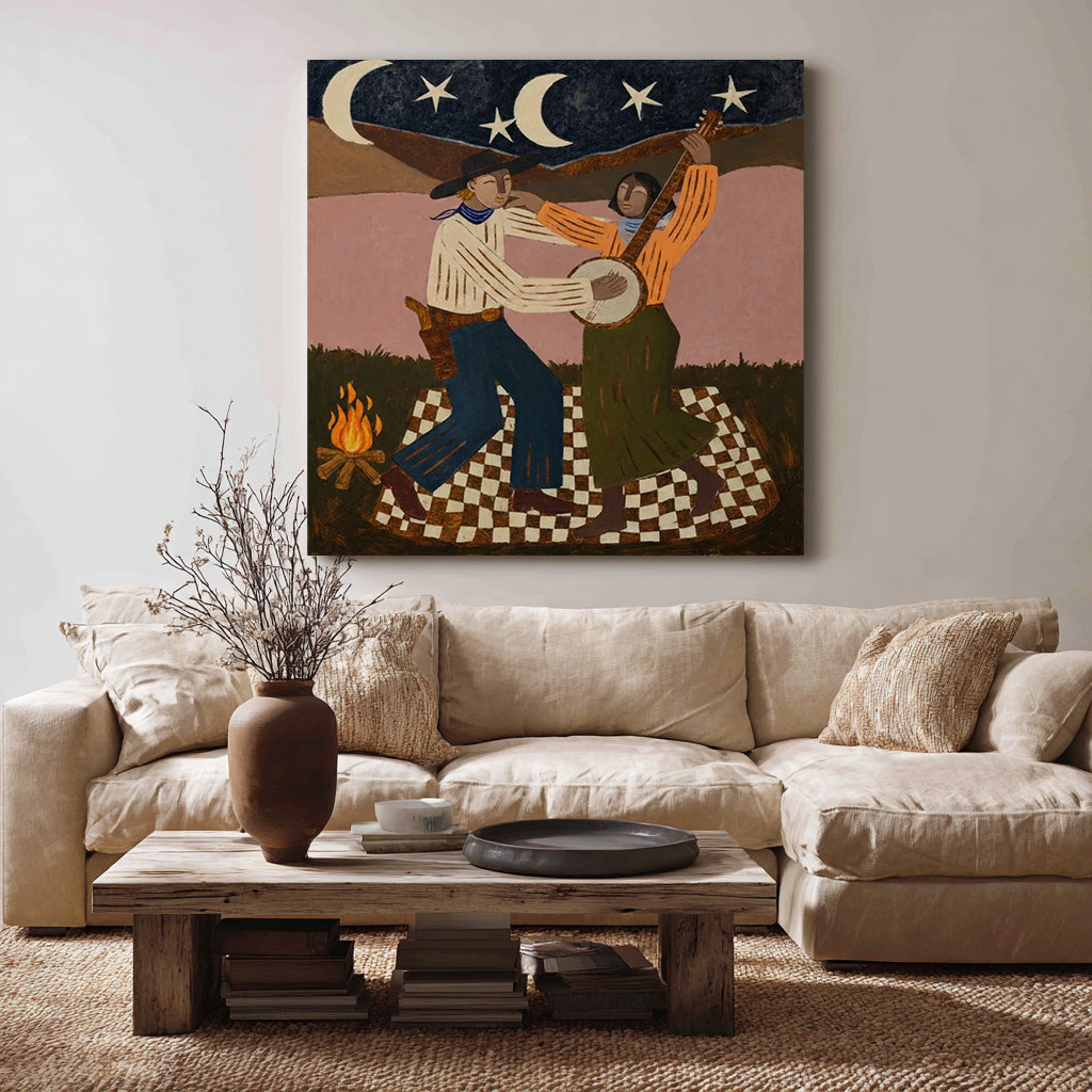 whimsical Western cowboy campfire wall art in a coordinated modern interior