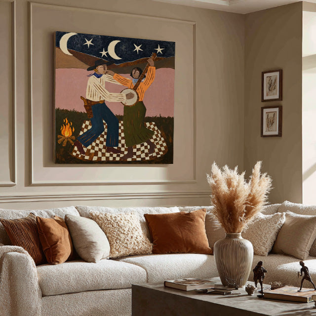 whimsical Western cowboy campfire wall art in a coordinated modern interior