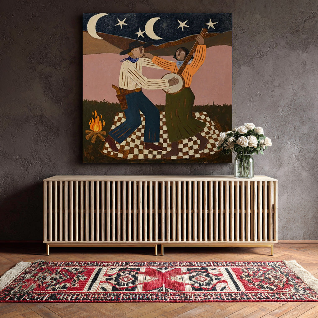 whimsical Western cowboy campfire wall art in a coordinated modern interior