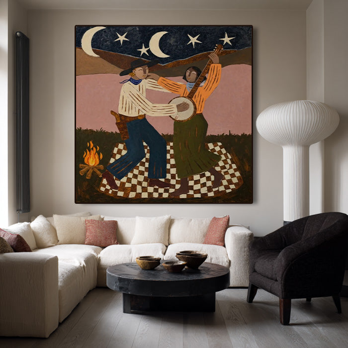 whimsical Western cowboy campfire wall art displayed in a styled living room