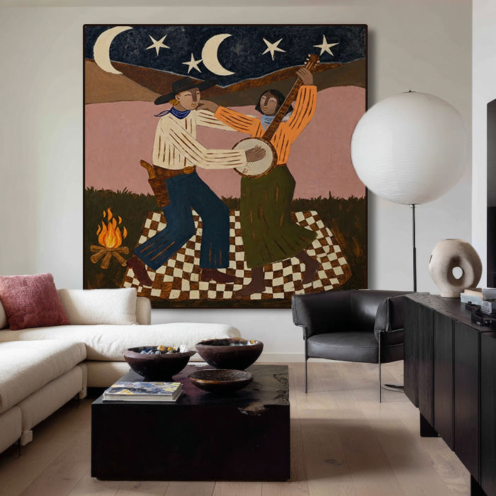 whimsical Western cowboy campfire wall art in a coordinated modern interior