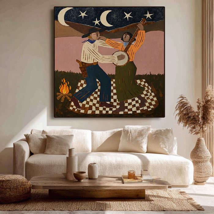whimsical Western cowboy campfire wall art in a coordinated modern interior