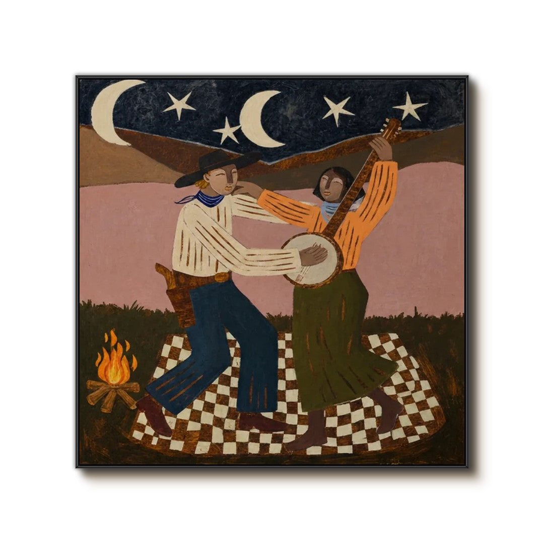 whimsical Western cowboy campfire wall art on a clean white background