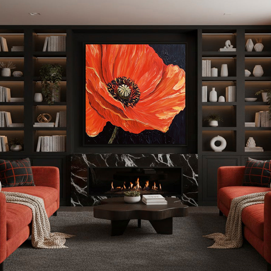 Night Spark large black red contrast floral wall art by Hues Art Lab