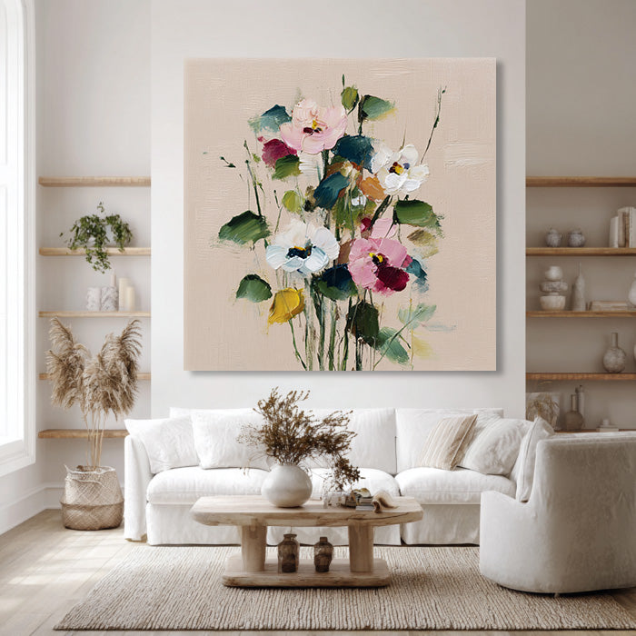 Ode to Spring framed floral canvas print styled in a bright modern room