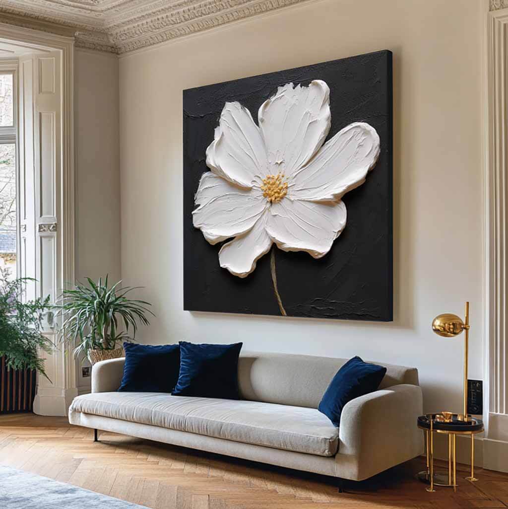 Black and White Modern Flower Painting - One Serenade - Hues Art Lab