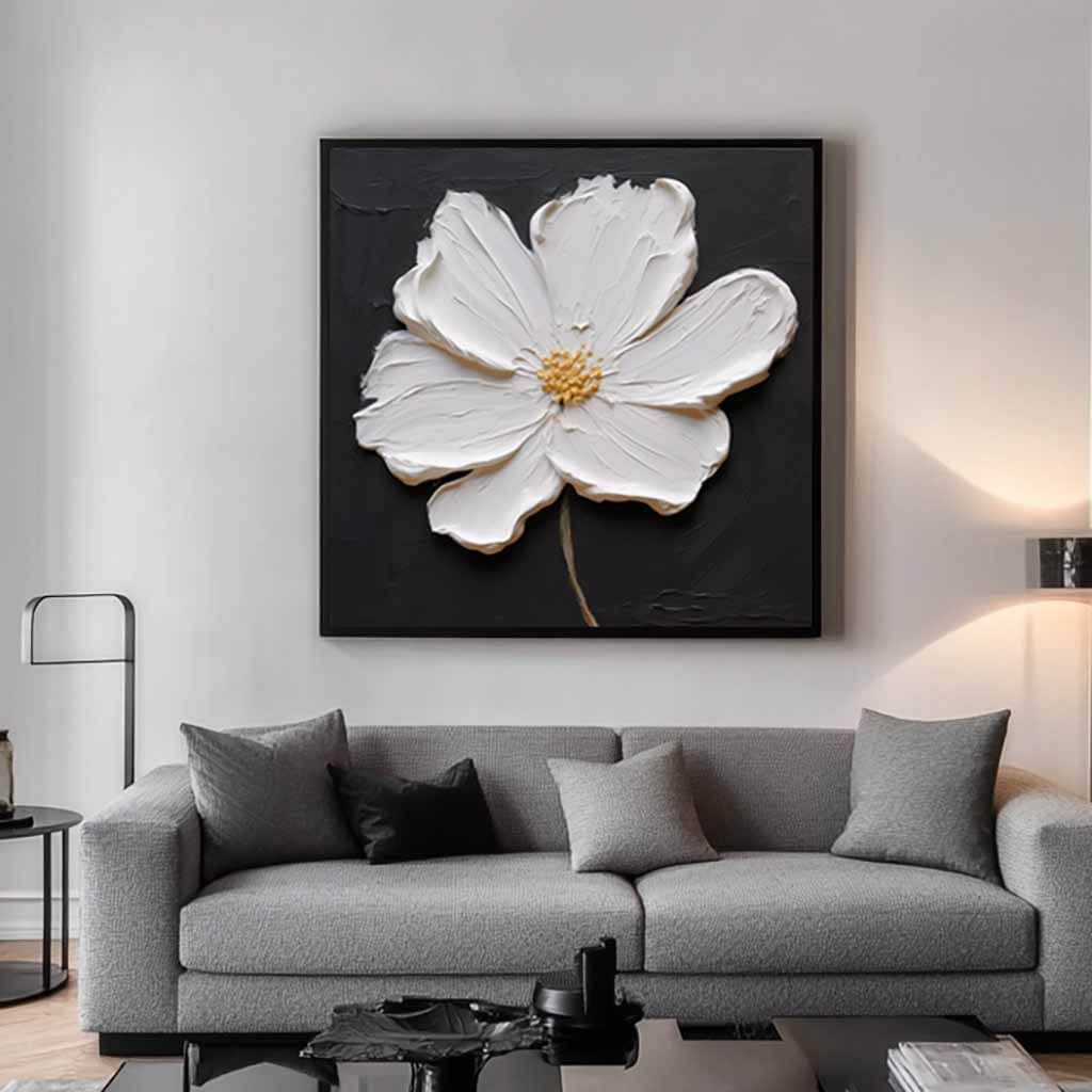 Black and White Modern Flower Painting - One Serenade - Hues Art Lab