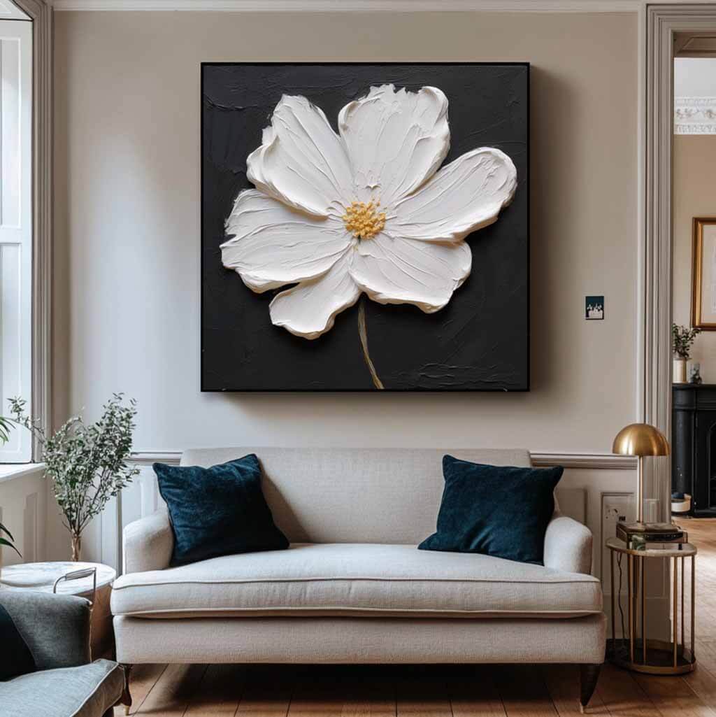 Black and White Modern Flower Painting - One Serenade - Hues Art Lab