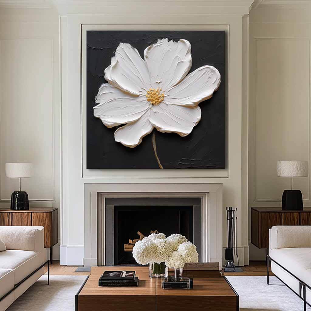 Black and White Modern Flower Painting - One Serenade - Hues Art Lab