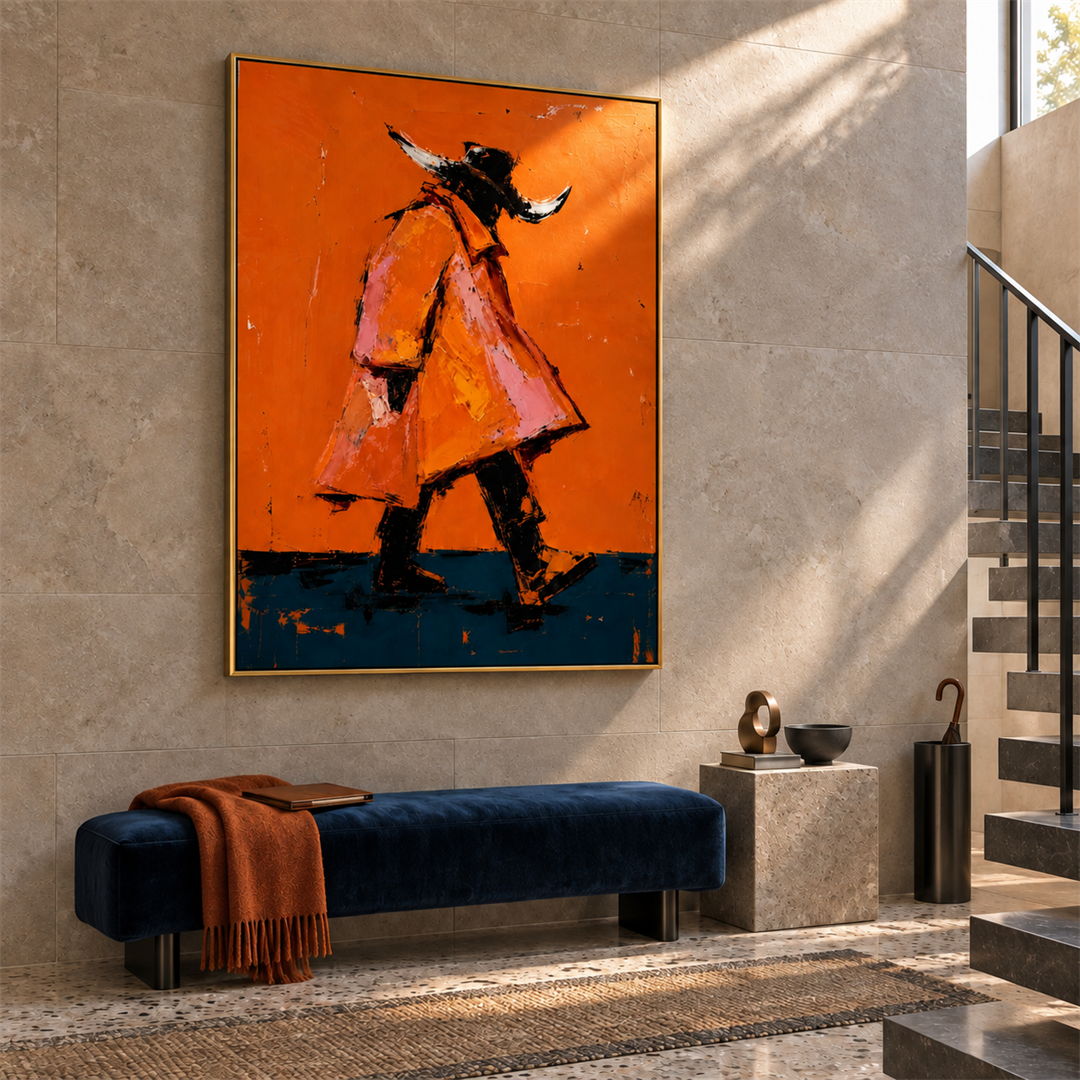 expressive Western cowboy wall art in bright orange and dark teal in a coordinated modern interior